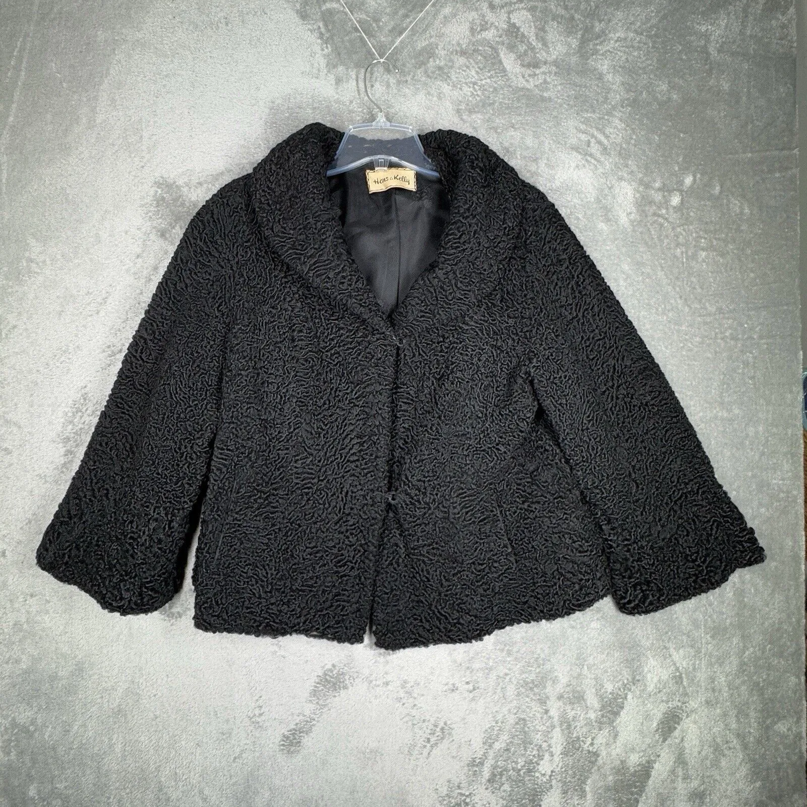 Hens & Kelly Coat Womens Large Black Curly‎ Textured Crop Glam Neutral Vintage - Image 2