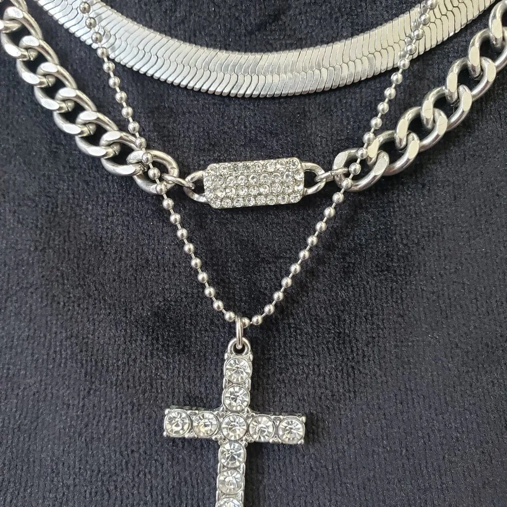 Womens Cuban Link and Snake Chain, Cross Pendant Necklace Silver - Image 4