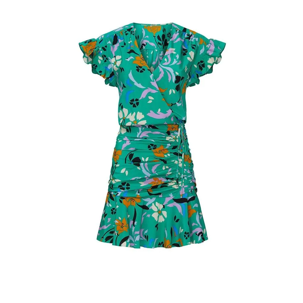 VERONICA BEARD Green Floral Printed Silk Ruched Ruffled Maria Dress Size 4 - Image 4