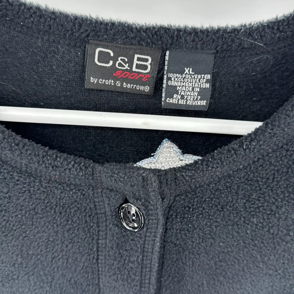 Croft & Barrow Black Fleece button front cardigan XL winter holiday felted patch - Image 9