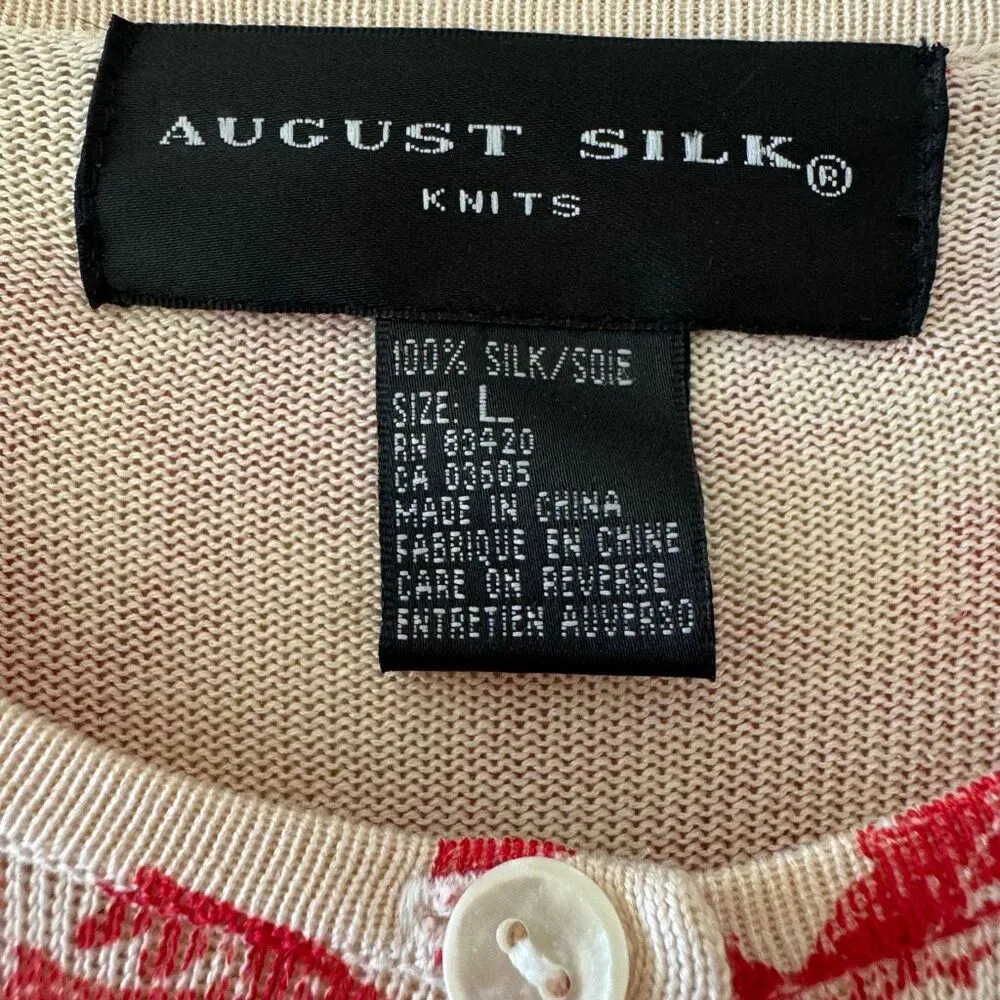 August Silk Knit Button Down Lightweight Red Cream Casual Luxury Cardigan  SZ L - Image 6