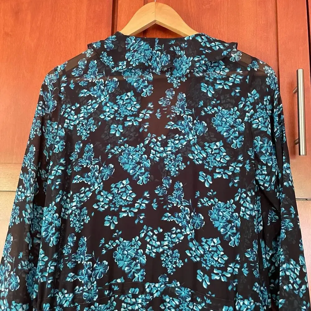 Saloni Izzie Dress Maxi Silk Chiffon Floral Print Semi Sheer Long Sleeve Size 2 Black - Image 9