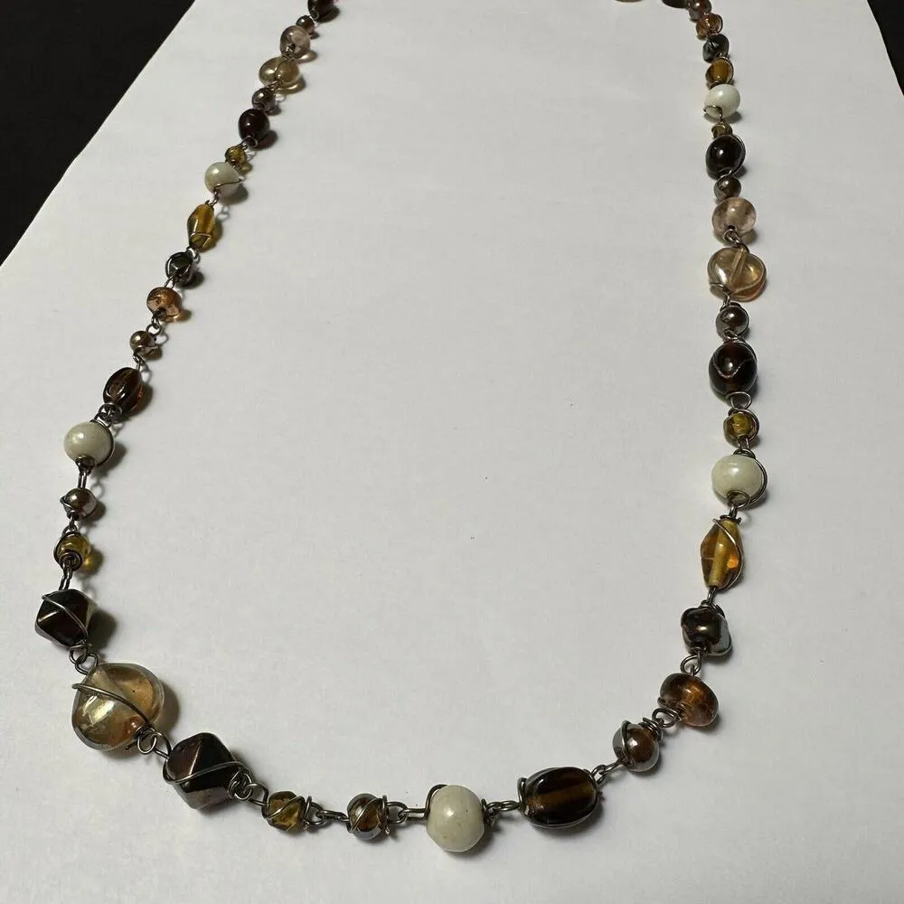 Handmade Glass Brown, Off White, Amber Color Etc Silver Tone Necklace 35 Inch - Image 2