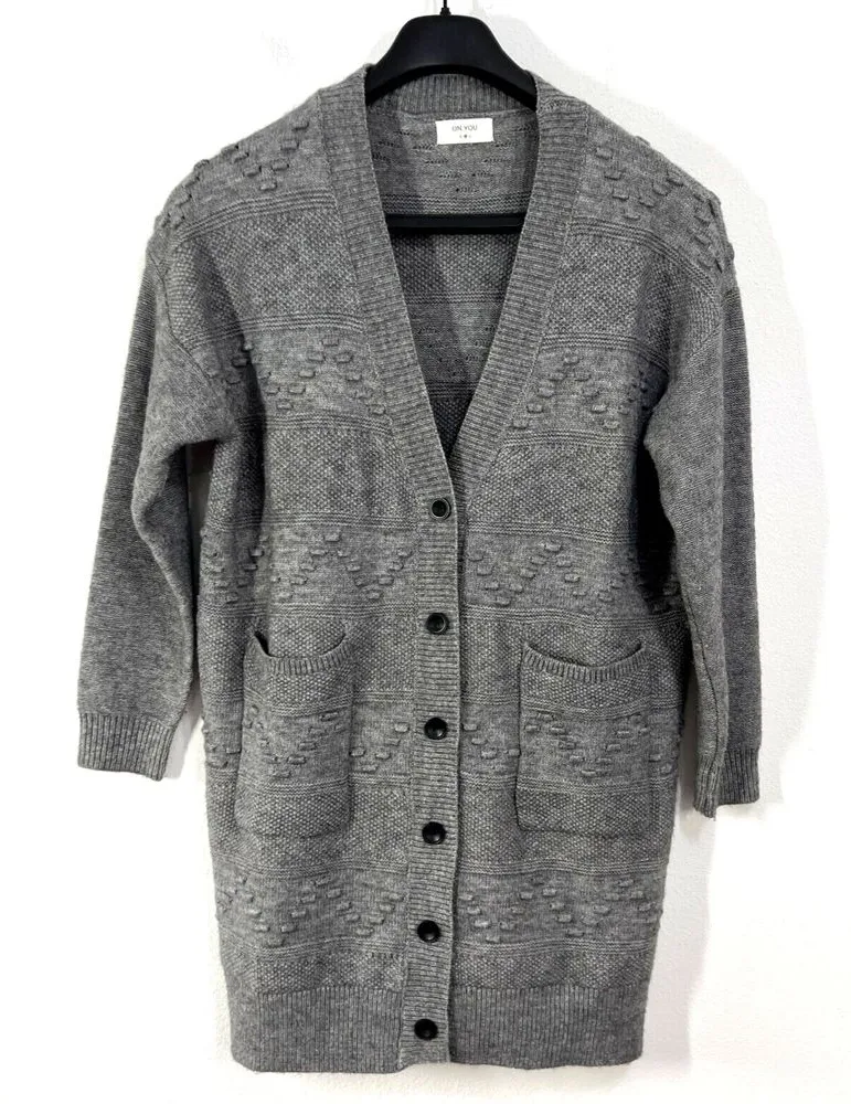 Sweater Cardigan Mixed Pattern Knit Womens Medium Gray Boho Lagen Pouch Pockets - Image 1