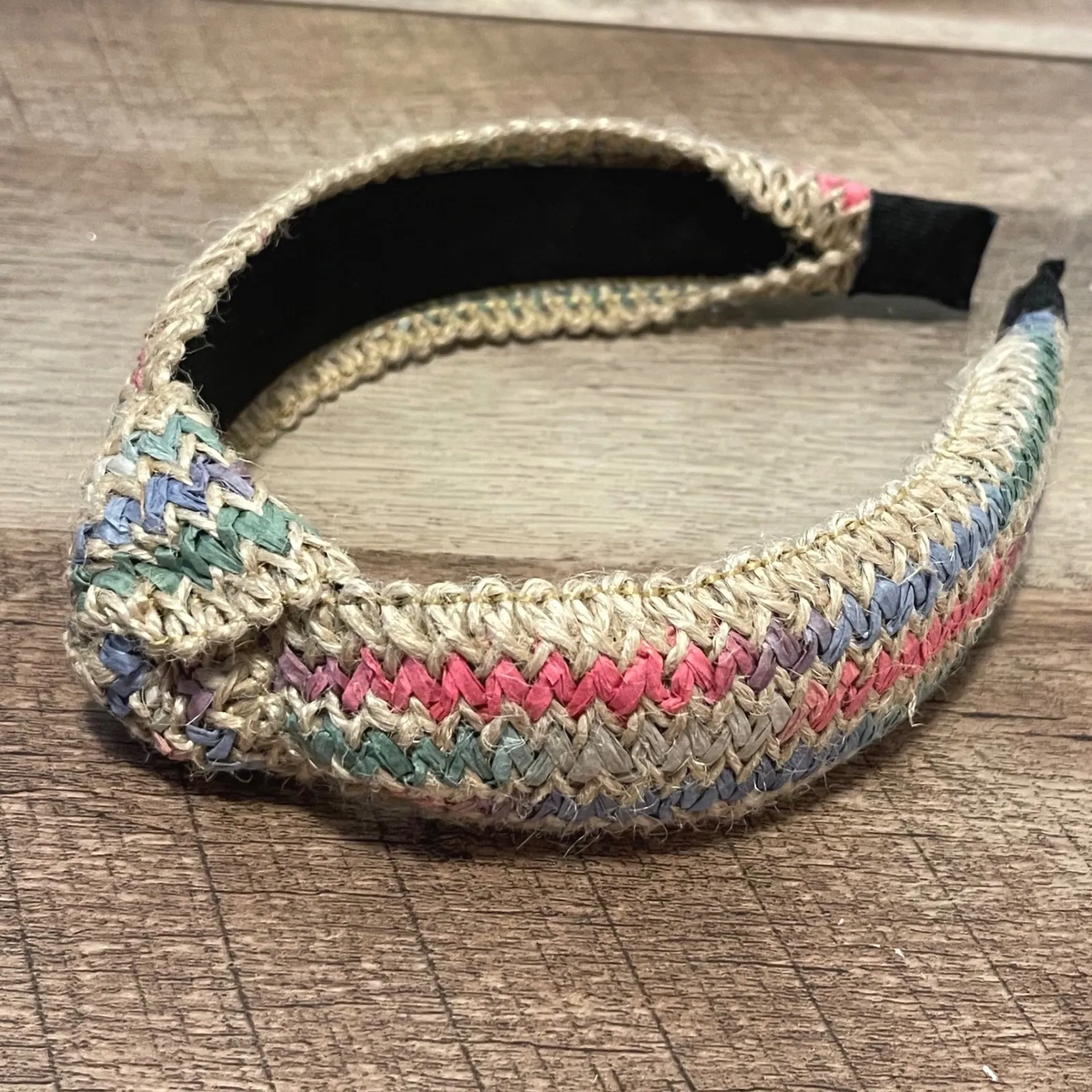 Boho Woven Headband Knotted Accent Multi Color Straw Cotton Raffia Accessory Tan - Image 2