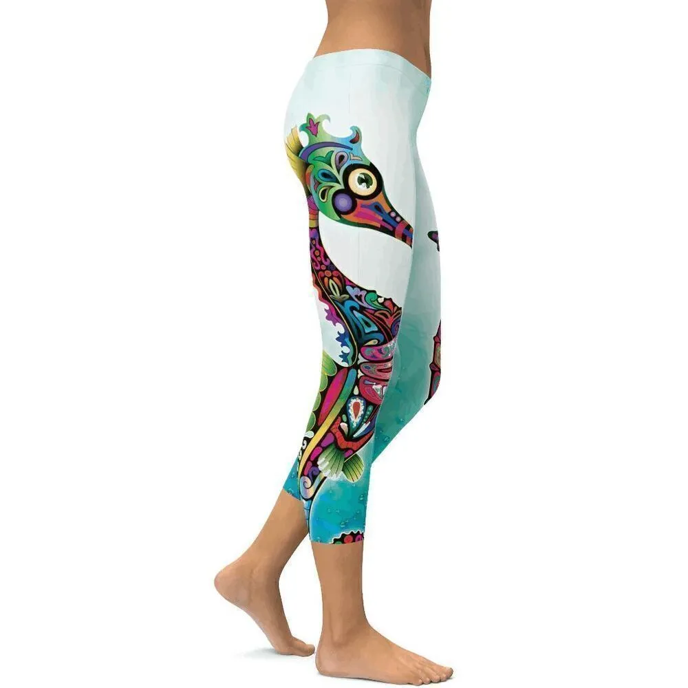 Gearbunch Colorful Ornamental Seahorse Capri Leggings Large Blue - Image 9