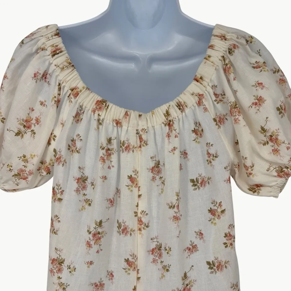 Reformation Bowie Linen Puff Sleeve Mini Dress | Sz 8 | Ivory Mildred Floral - Image 8