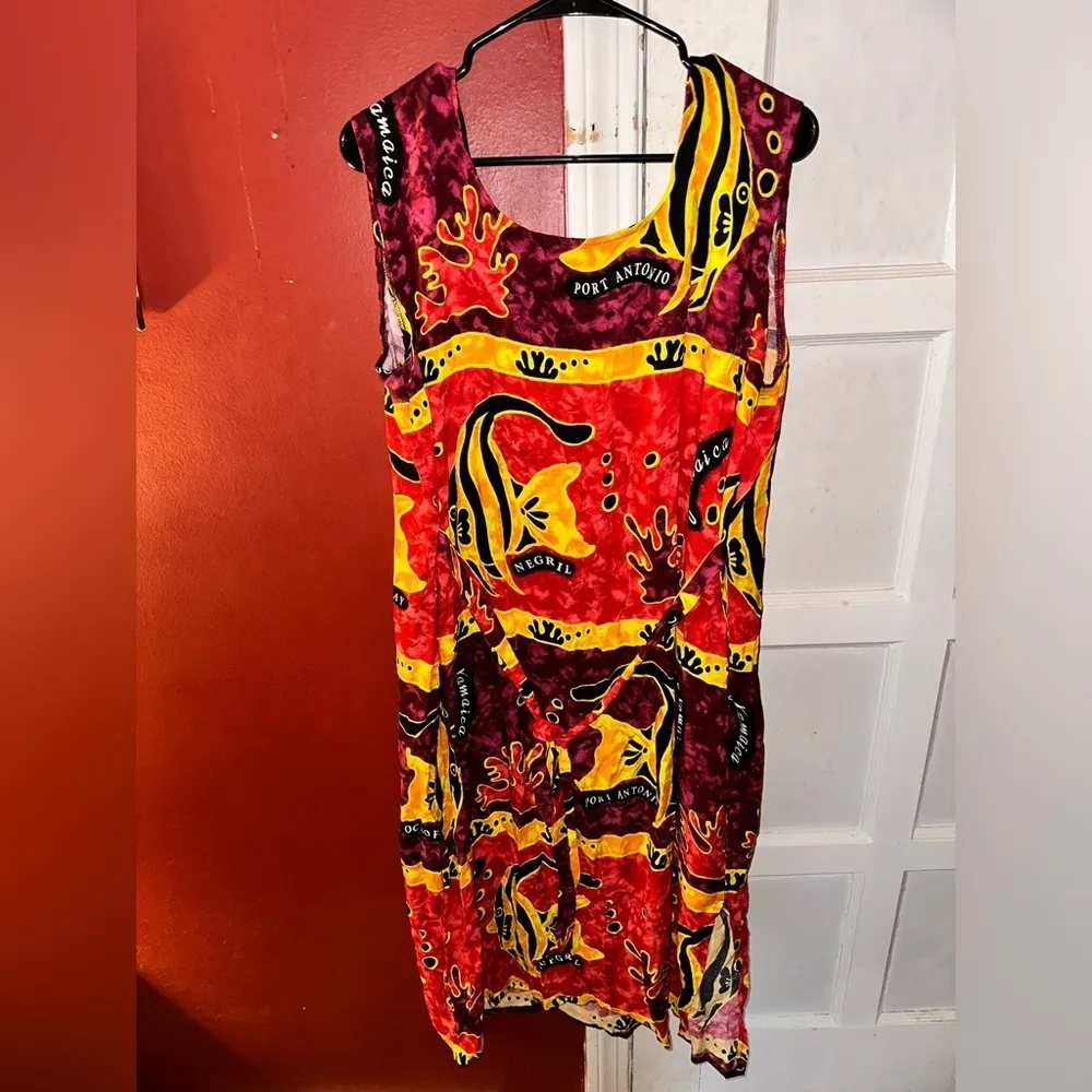 Dunn’s River Falls Jamaica Ocean Fish Sea Life Red Sleeveless Maxi Dress Vintage Size XL - Image 5