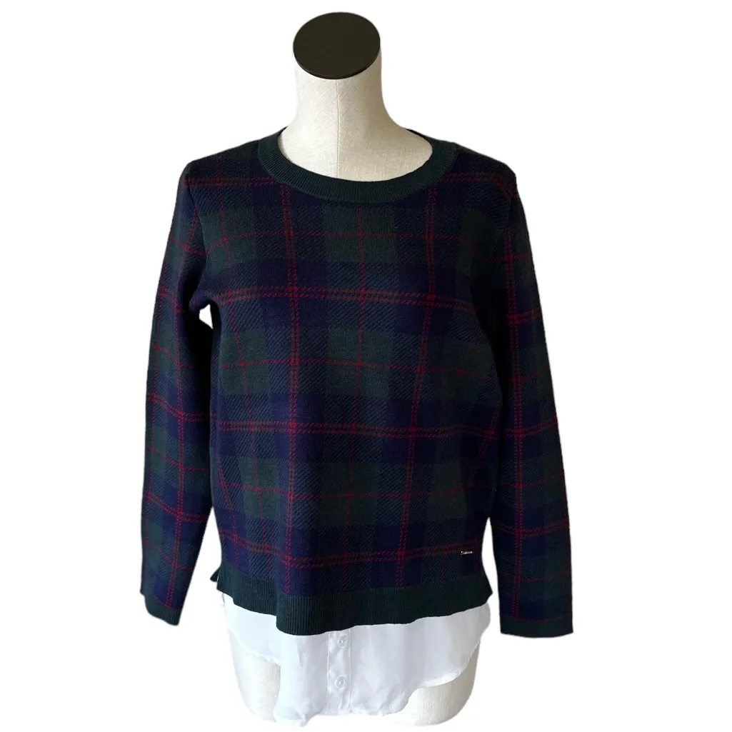 NWT ANNE KLEIN GREEN PLAID BUTTON DOWN INSERT SHIRT SWEATER GREEN SMALL - Image 3