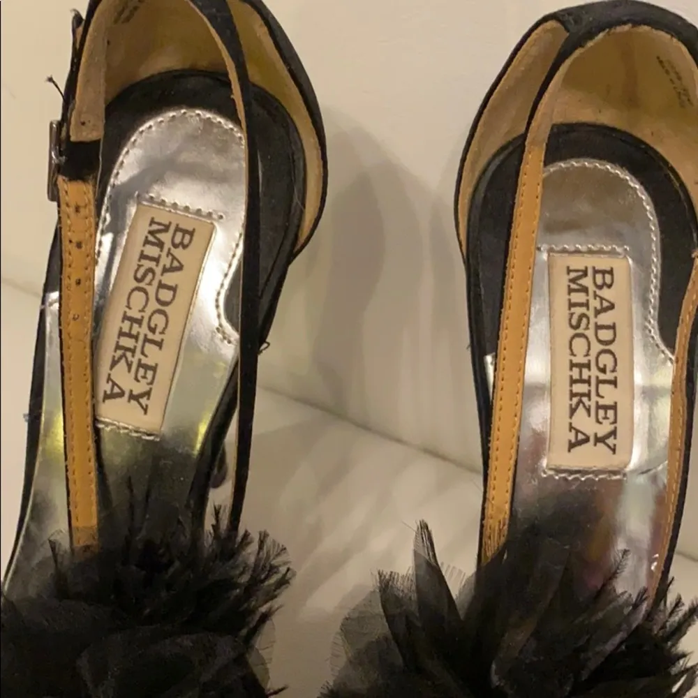 Badgley Mischka Satin Bow Fearher Heels - Image 2