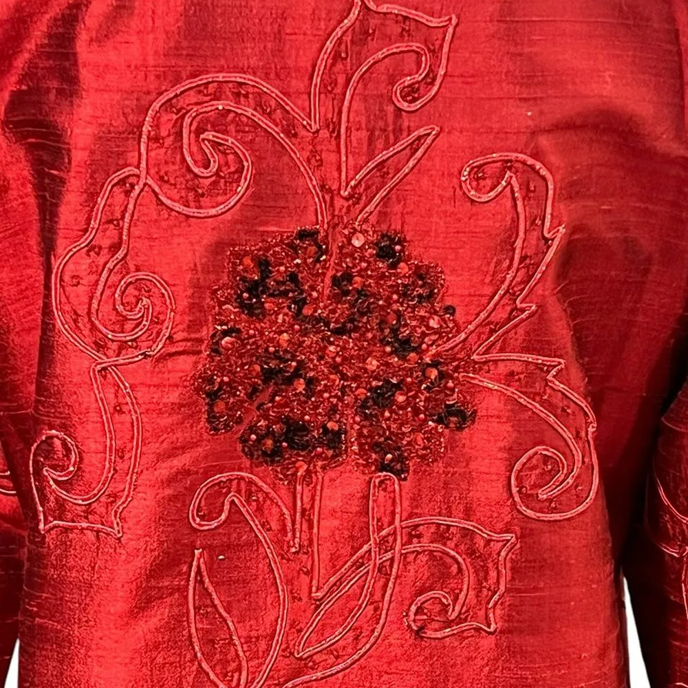 Vintage Anage Silk Kimono Jacket Sz S Christmas Beaded Embroidered Art to Wear Red - Image 5