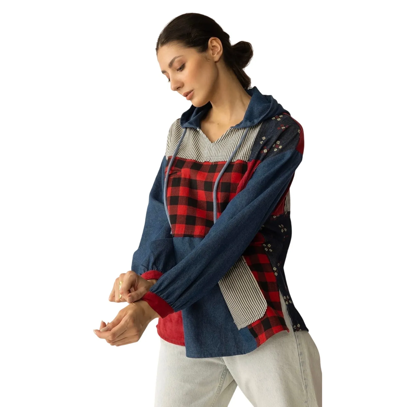 NWT Boutique Boho The Americana Patchwork Hoodie in Cherry Denim Red Size L - Image 2