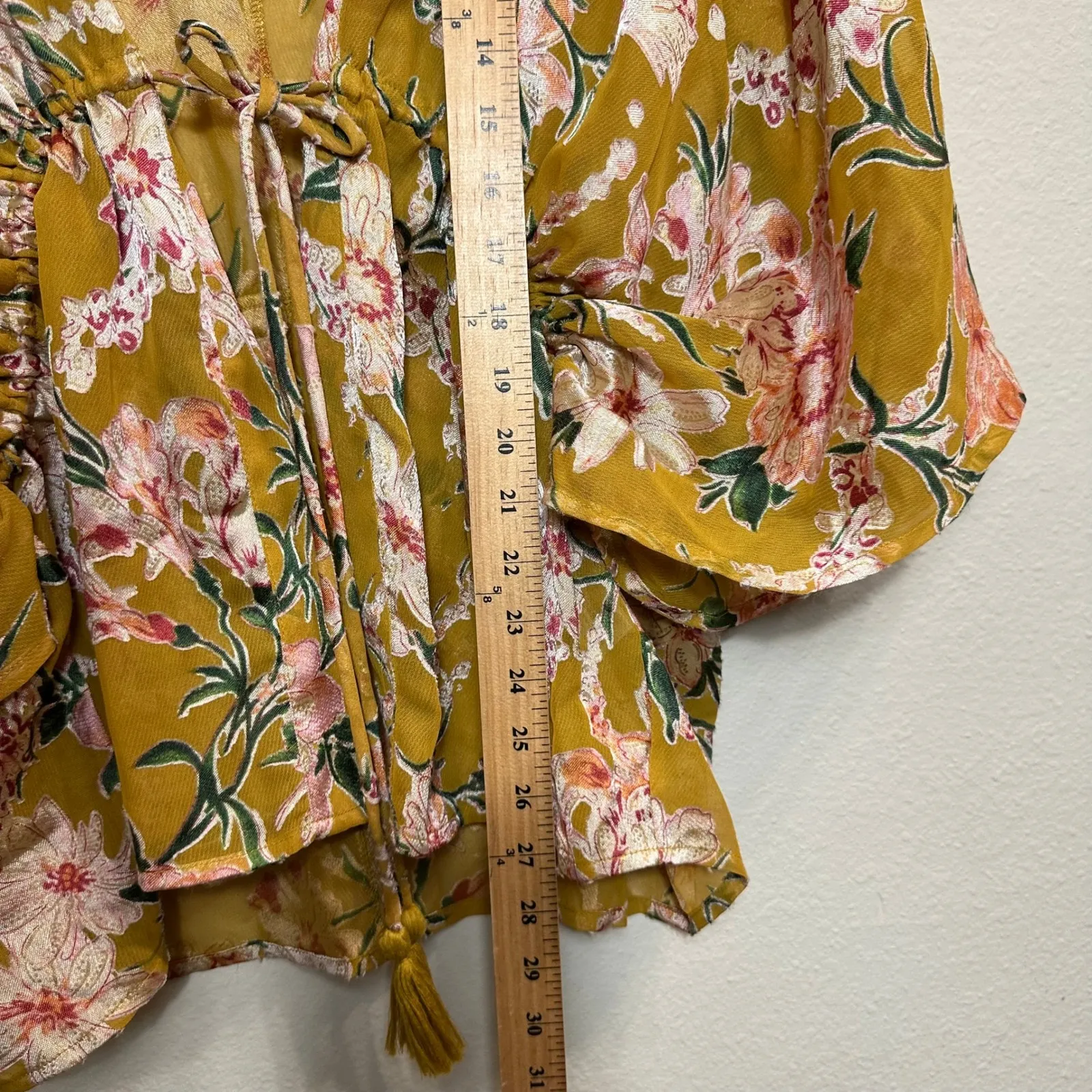 Free‎ People Only In Dreams Burnout Kimono Women's OS Gold Tie Waist Sheer Top - Image 9