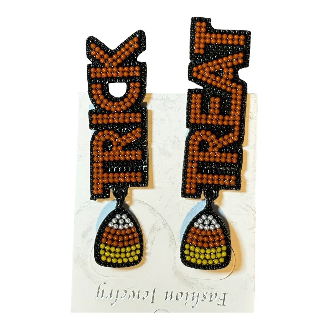 Halloween‎ Earrings Trick or Treat Candy Corn Bead Drop Dangle Fun New Orange - Image 3