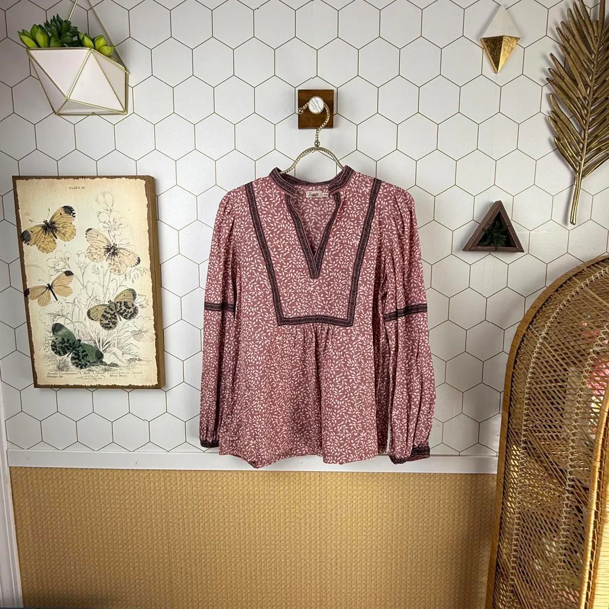 Faherty Mauve Pink Aurora Leaf Organic Cotton Peasant Boho - Size - XS - Image 3