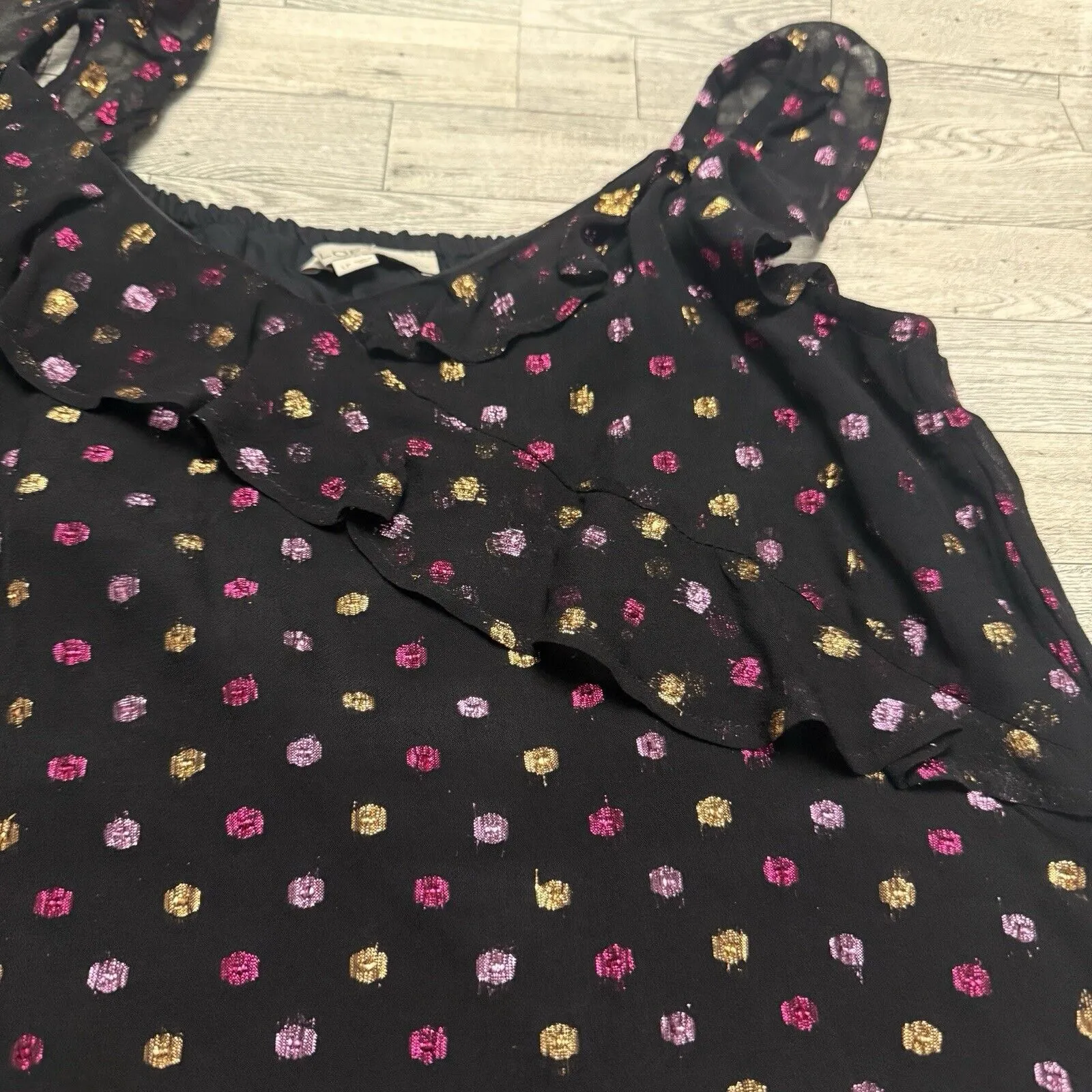 LOFT Shimmer Metallic Polka Dot Ruffle Sleeveless Top Women’s Size Petite‎ Large - Image 3