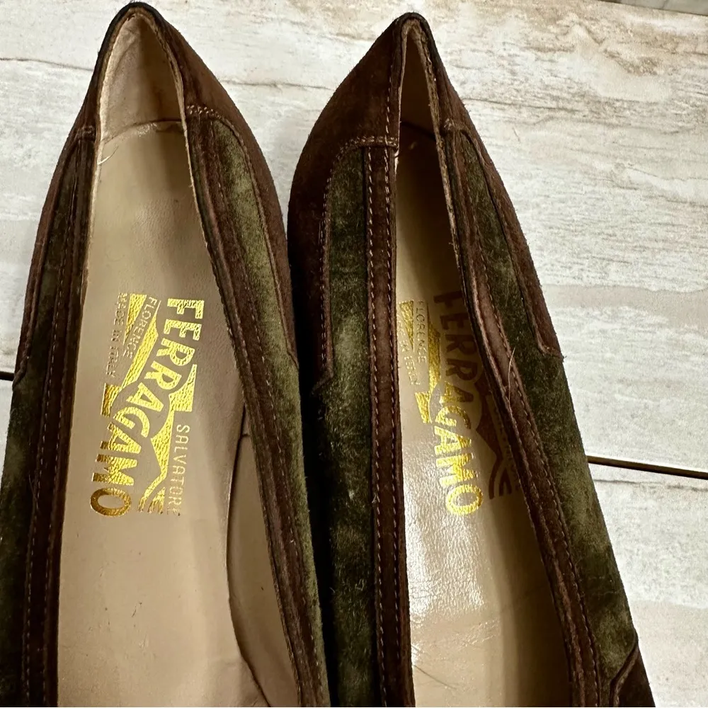 Salvatore Ferragamo Women Sz 9.5 AA Brown Green Suede Vintage Boho Chic Slip Ons - Image 3