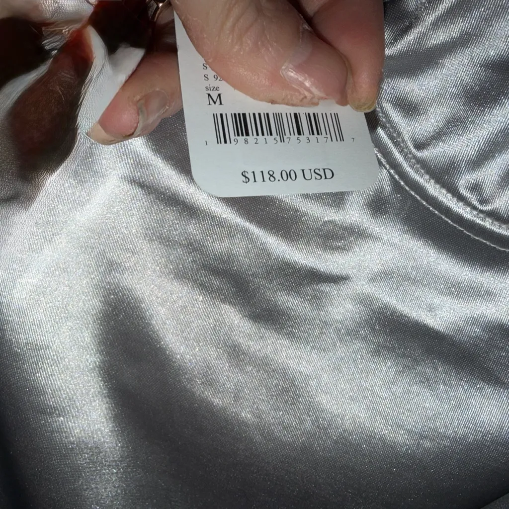 Free People Casino Gone Glam Silver Tie Shoulder Satin Shimmering Midi Size M - Image 12