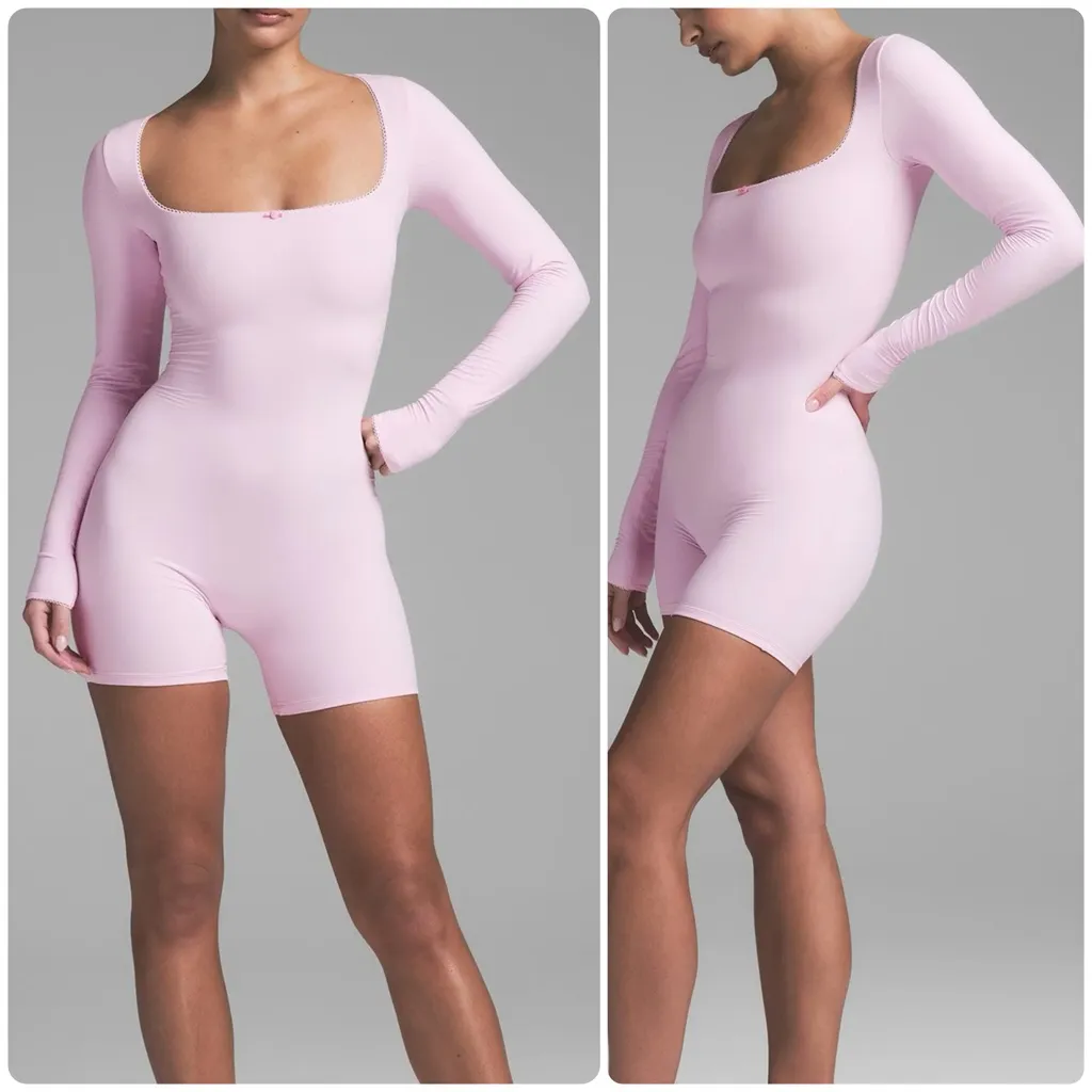 SKIMS Fit Everbody Picot Long Sleeve Onesie, Small, Cherry Blossom (Light Pink) - Image 2