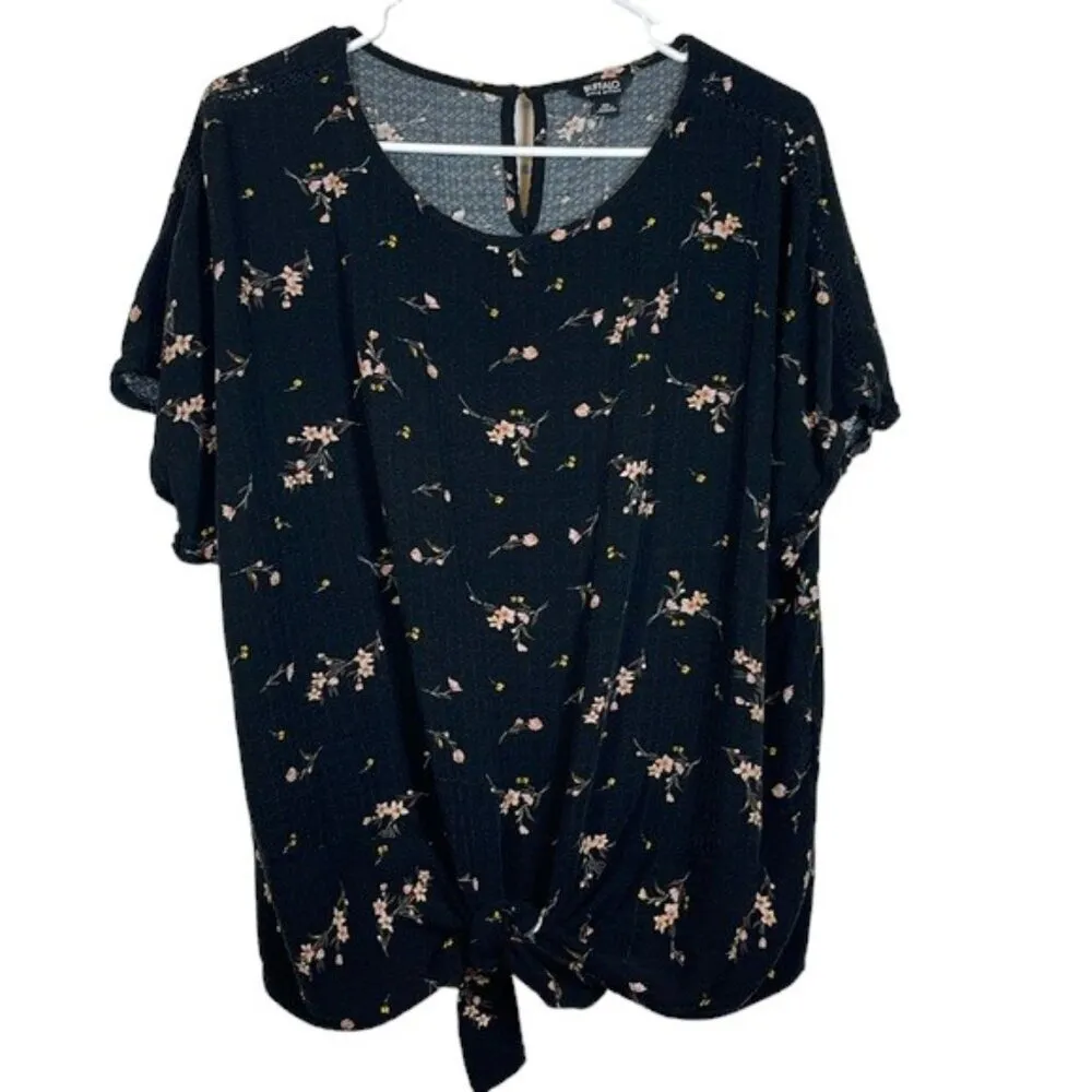 Buffalo David Bitton Black Raglan Bohemian Floral Tie Front Soze XXL GUC #5987 - Image 2