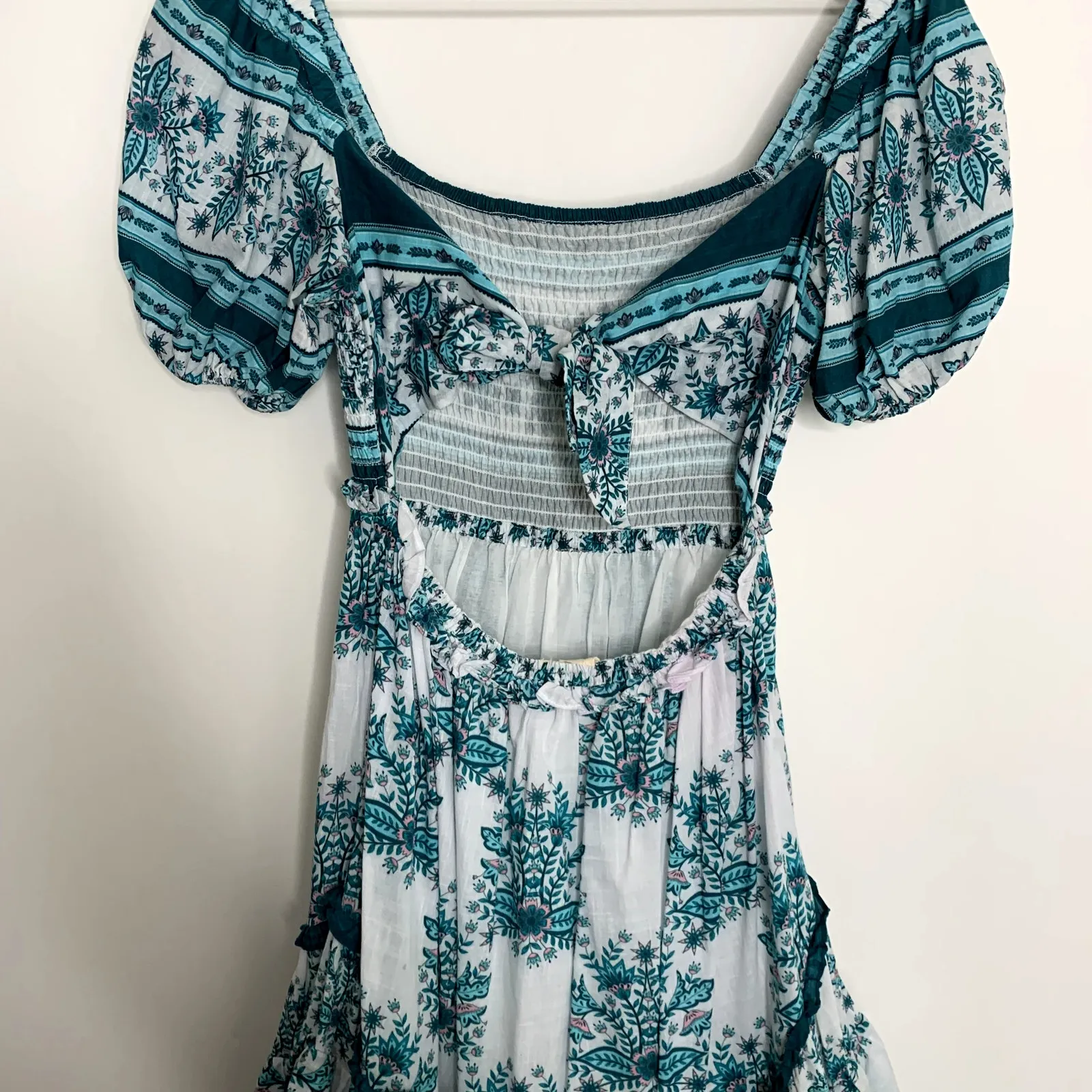 Celina Moon Turquoise White Floral Tiered Puff Sleeve Midi Dress Womens Small Blue - Image 13