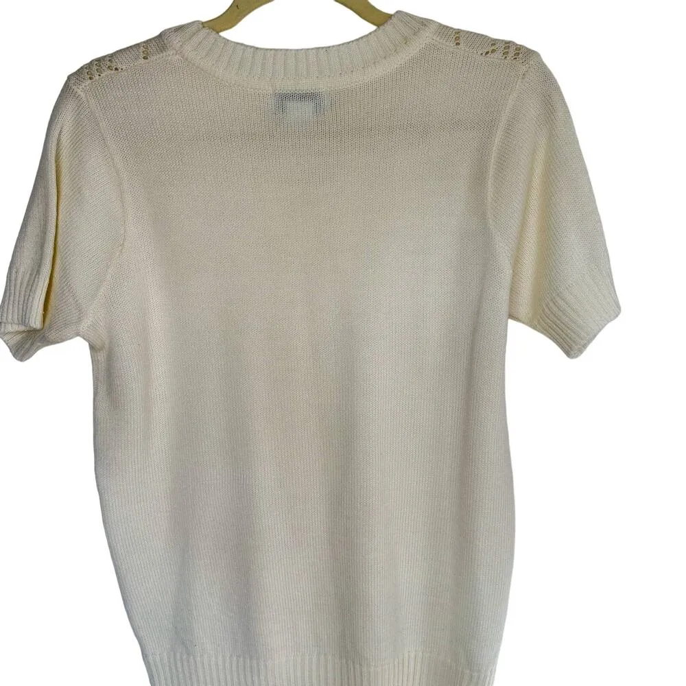 Vicki Wayne Vintage Sweater Short Sleeve Ivory Medium Grannycore - Image 4