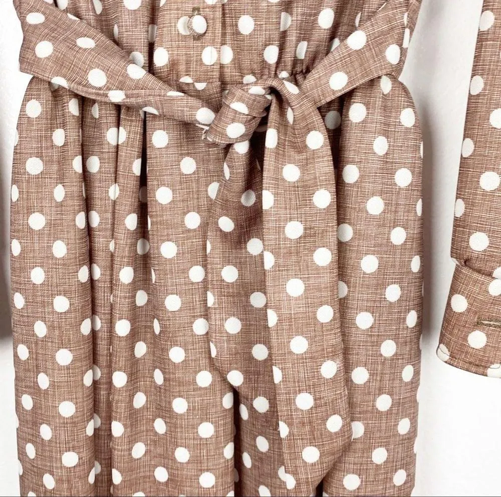 Vintage Brown & White Polka Dot Long Sleeves Belted Elastic Waist Maxi Dress Size 10 - Image 5