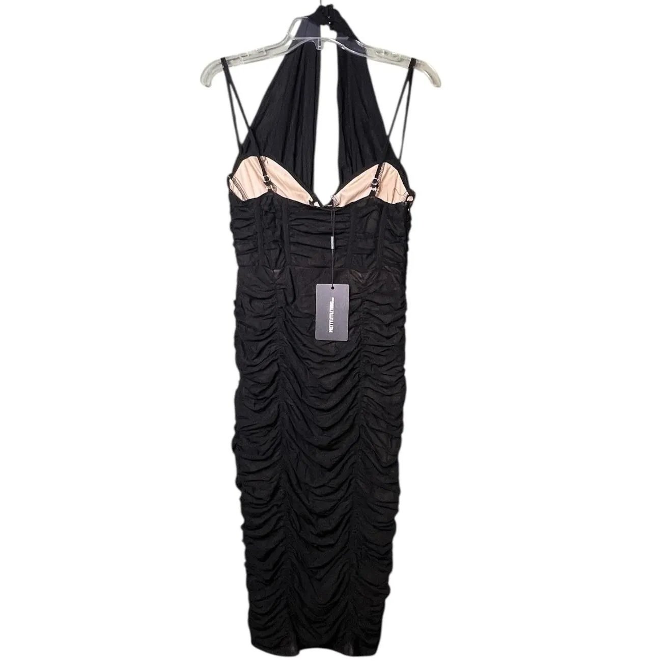 PrettyLittleThing Dress Womens US 6 Black Halter Ruched Bodycon Midi Party - Image 3