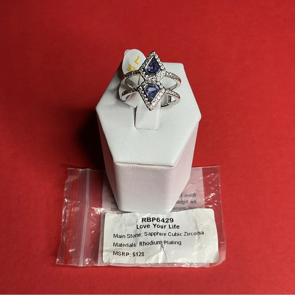 Bomb Party RBP6429 “Love Your Life” Sapphire CZ on Rhodium Size 7 Ring NWT Blue - Image 3