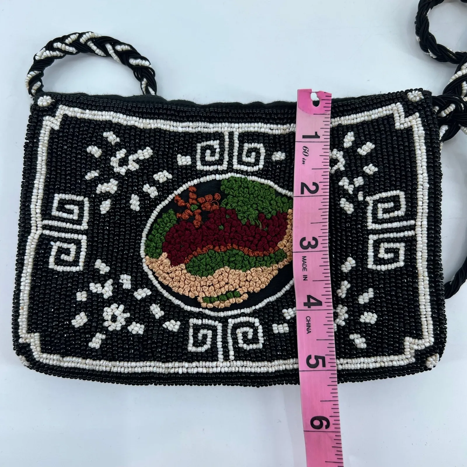 Vintage seed beaded cross body black boho neutral prairie handbag purse applique - Image 3