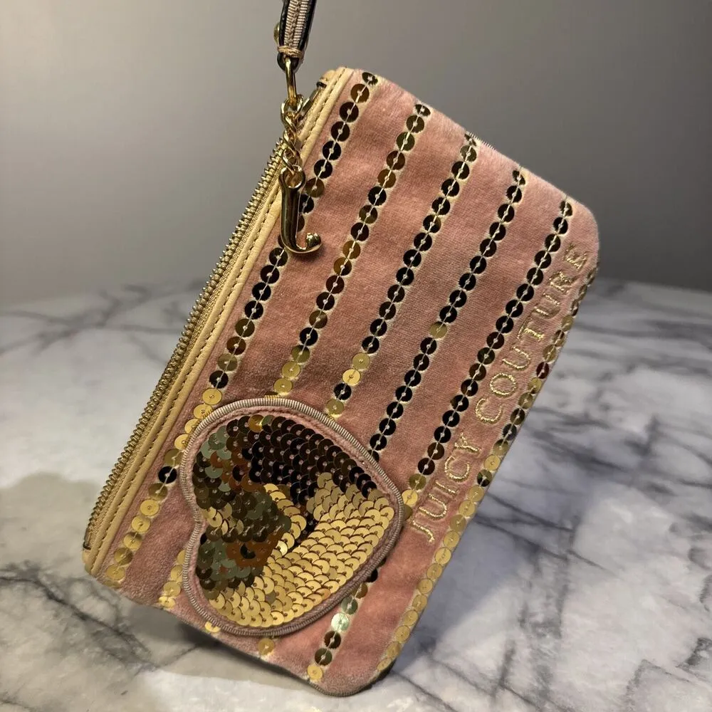Y2K Juicy Couture Velvet Wristlet Handbag Wallet Pink Rose Gold Valentines Day - Image 9
