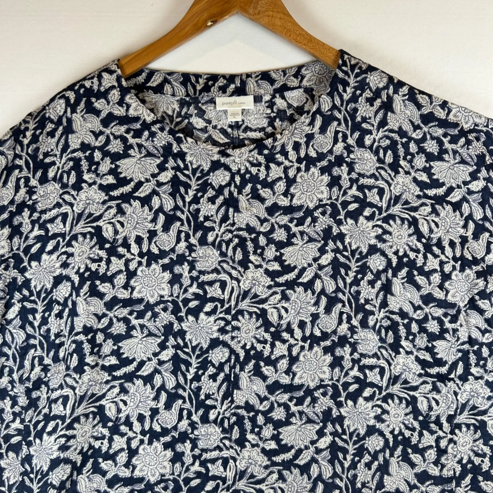 Pure Jill Linen Floral Print Short Sleeve Top Womens XL Navy White - Image 6