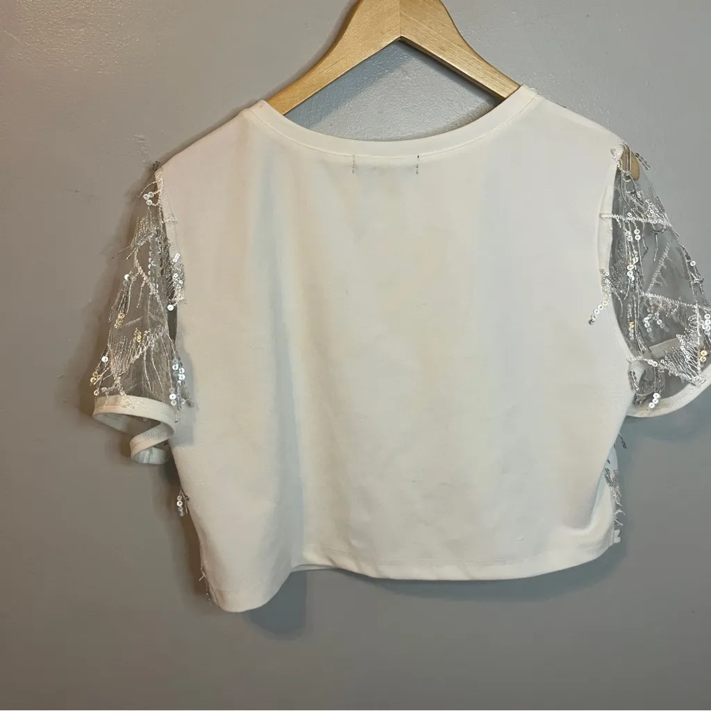 Allegra K  Cream White Sequin Crop Top Large - Image 6