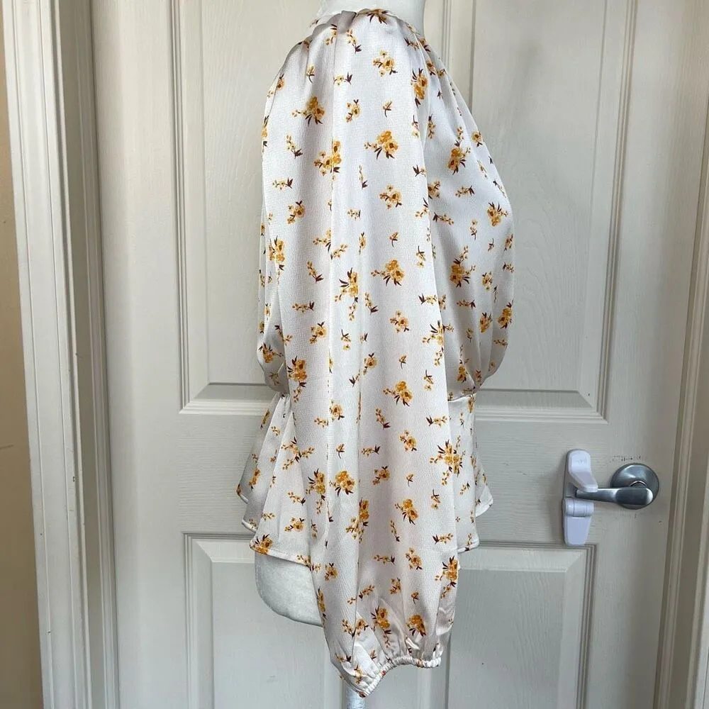 LUSH Floral Surplice Peplum Long Sleeve Blouse (Cream) - Small - Image 7