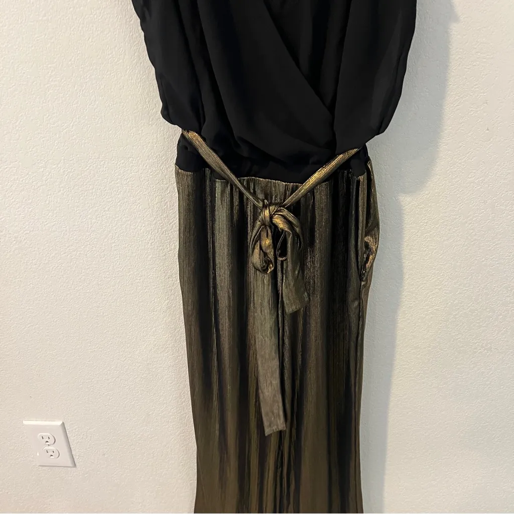 NY Collection Black & Metallic‎ Gold Layered Blouson Belted Wide Leg Jumpsuit M - Image 3