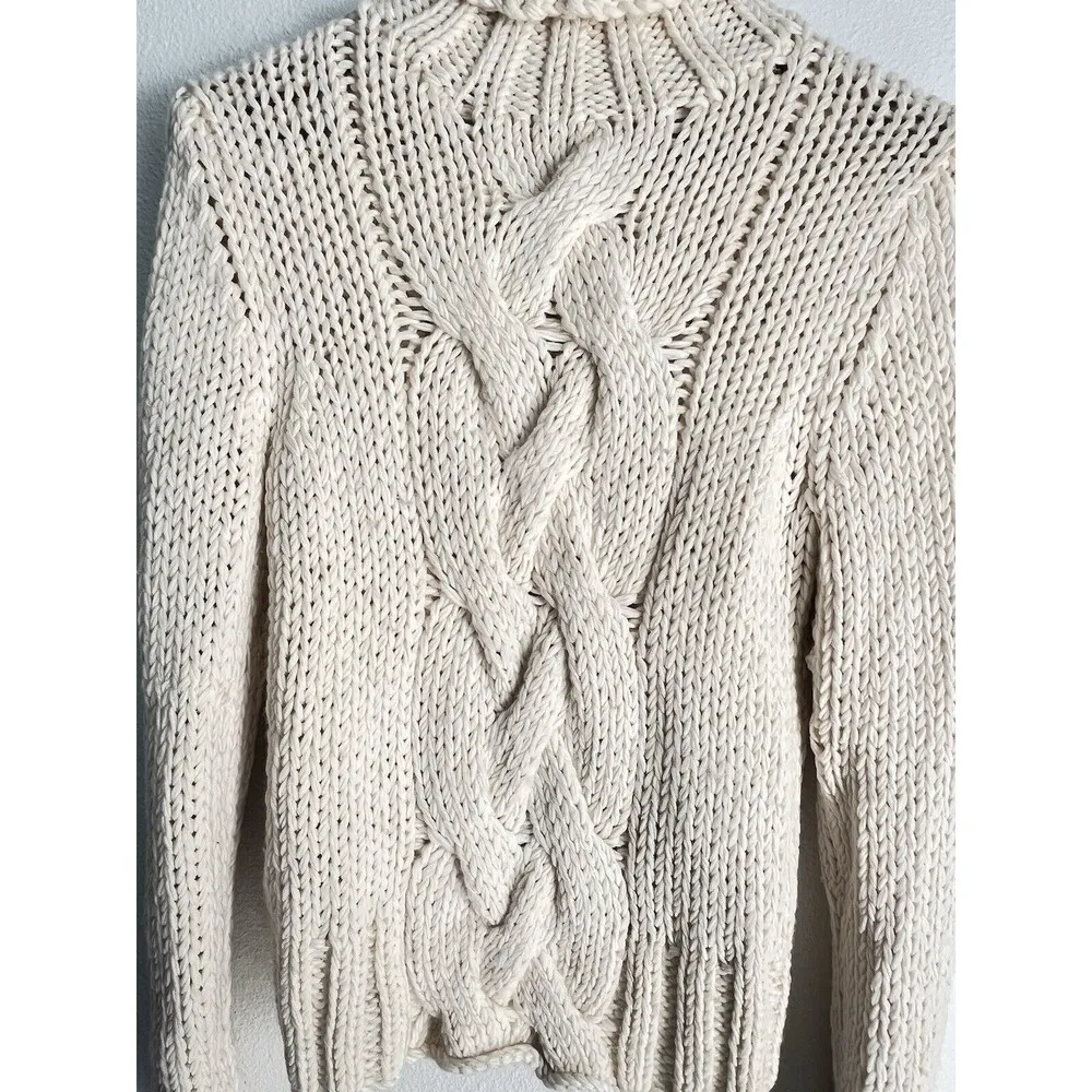 J Crew 100% Wool Aran Style Cable Knit Fisherman Hand Knit Turtleneck Sweater M - Image 3