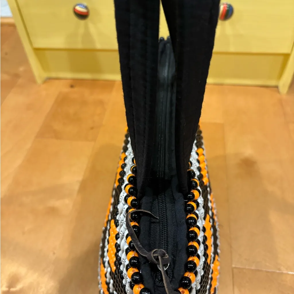 African Kenyan beaded handmade handbag tote BLACK orange white - Image 2