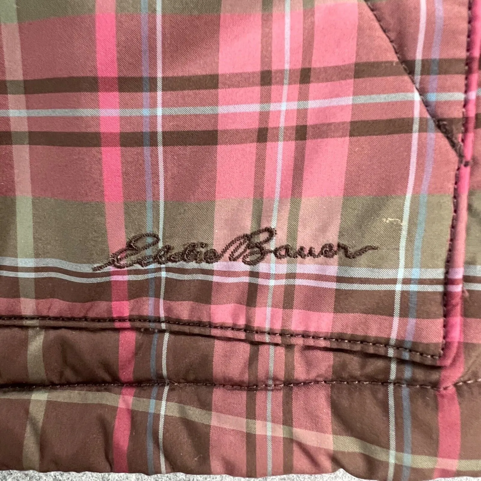 Eddie Bauer Goose Down Puffer Vest Womens M Pink Brown Plaid Preppy Gorpcore - Image 6