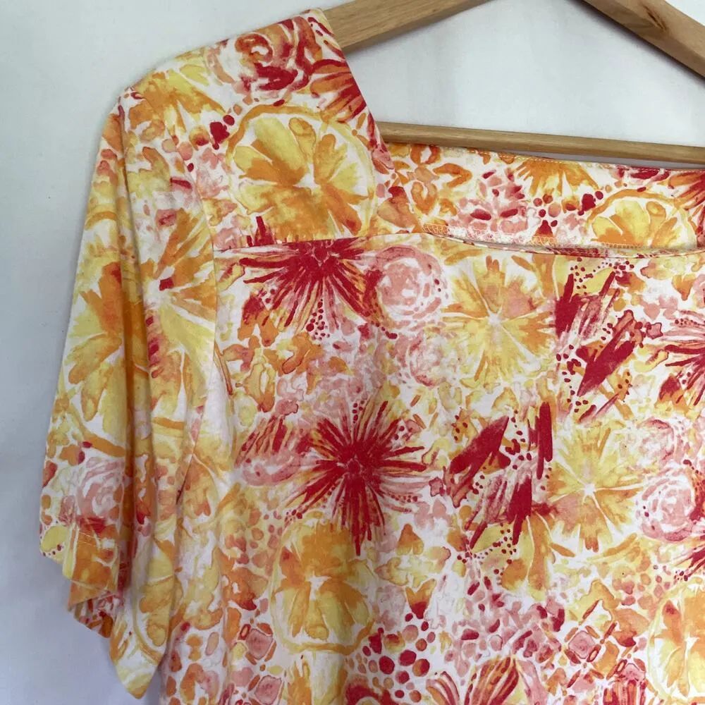 Coral Bay red and yellow floral cotton square neckline shirt women's size XL - Image 2