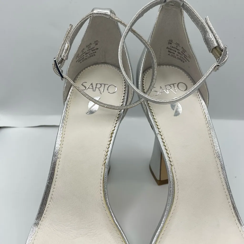Sarto by Franco Sarto Dolores ankle strap silver leather heeled sandals Size 9M - Image 5