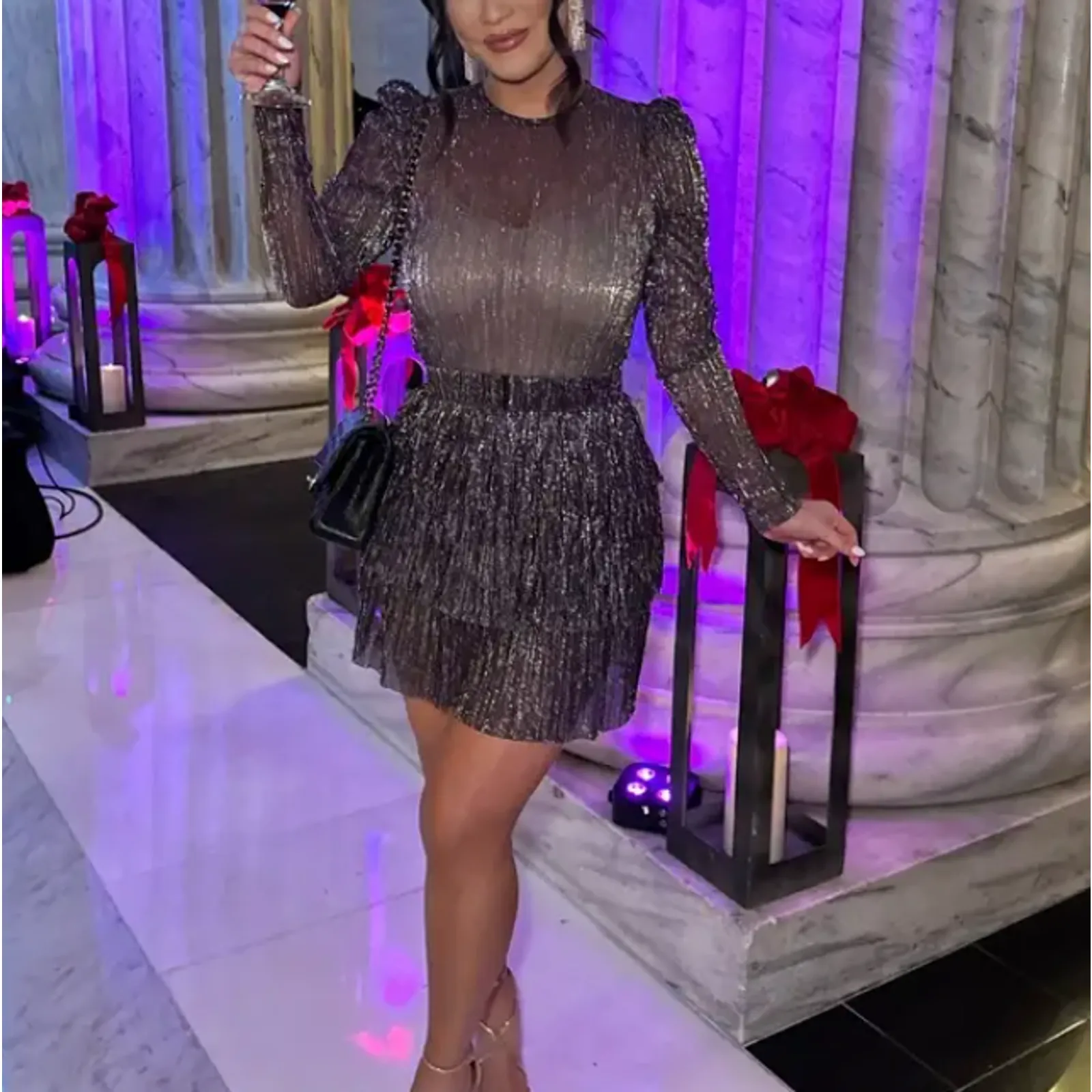 Sabina Musayev Purple Tier Ruffle Mini Dress LARGE Plisse Metallic Cocktail $285 - Image 8