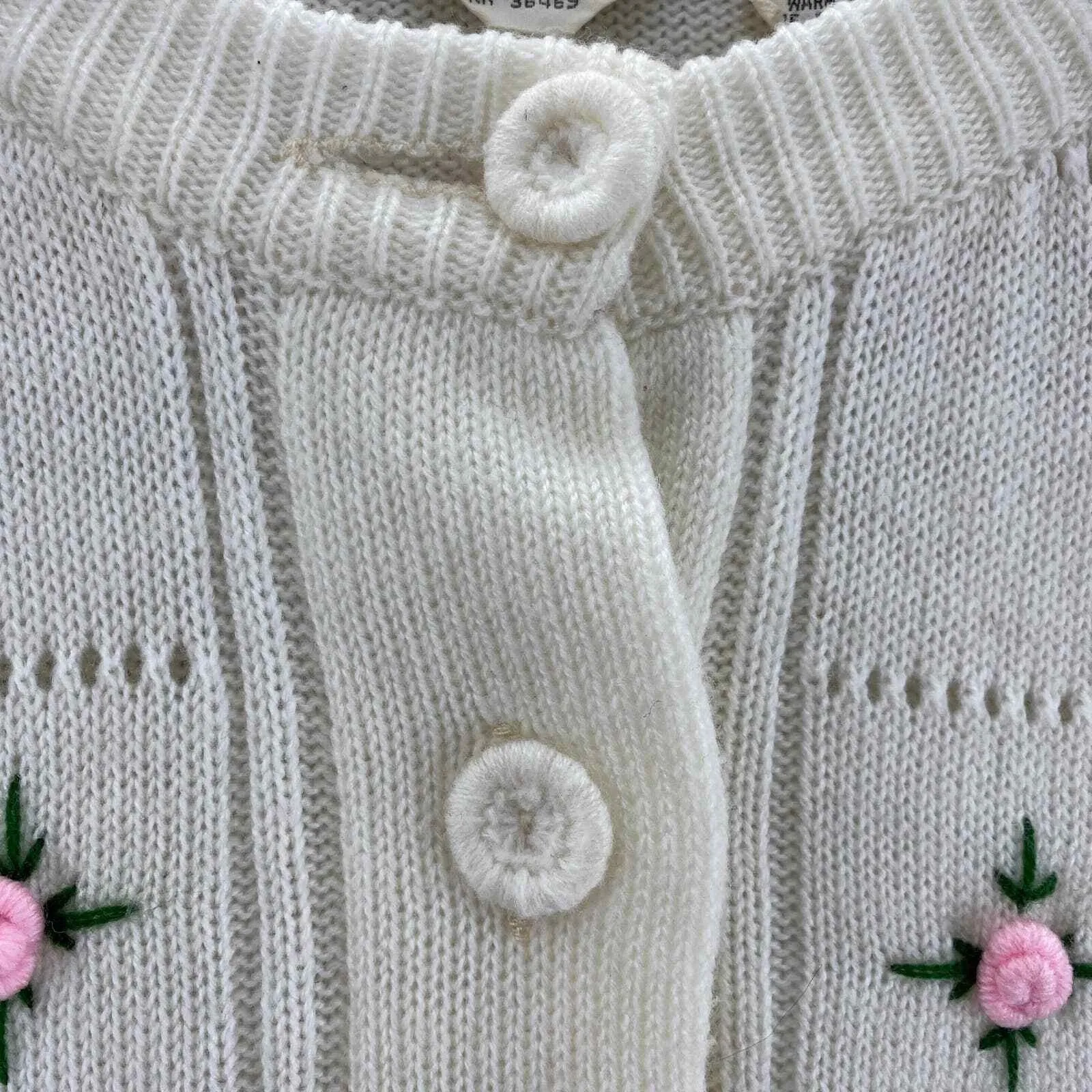 Vintage 70s Miss Holly Preppy Cottagecore Sweater Large White Cable Knit Flowers - Image 6