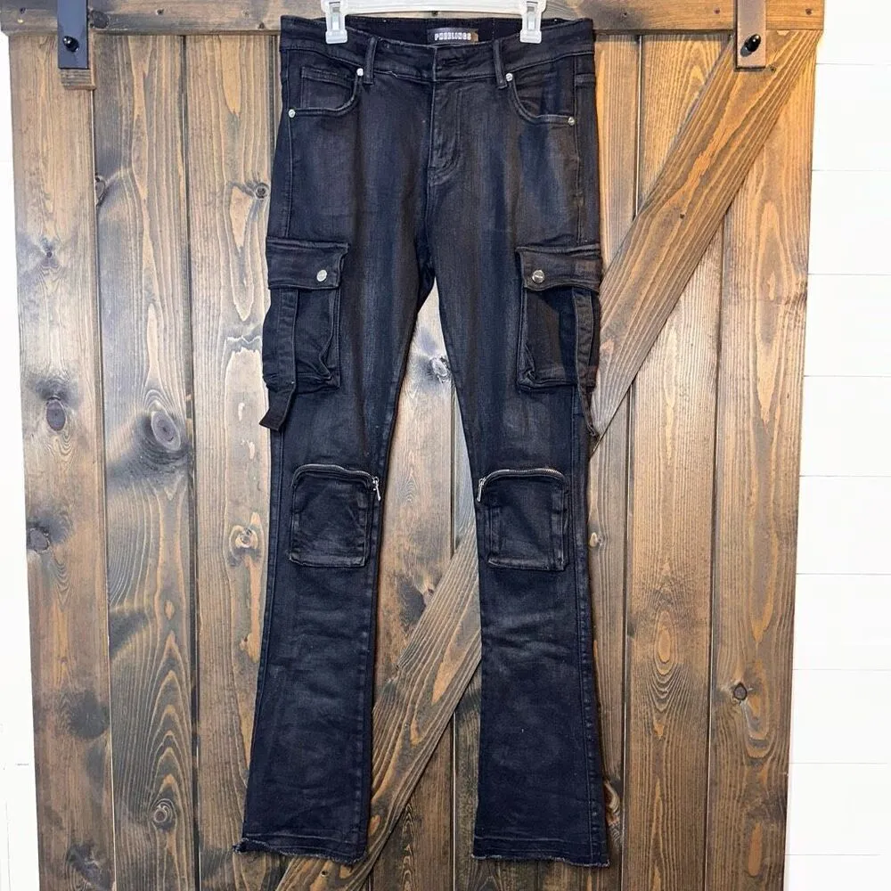 Pheelings Never Look Back Cargo Flare Stack Denim Jeans Black Size 32 - Image 3