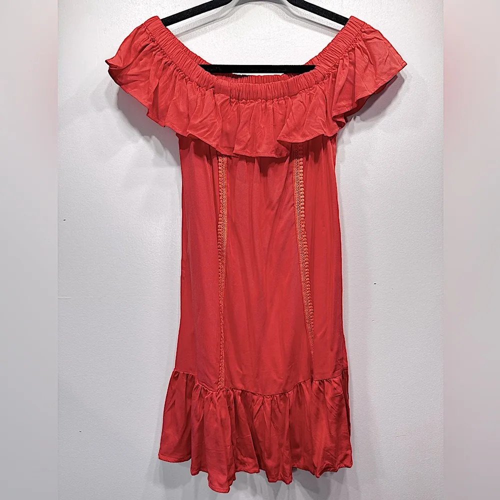 TCEC Coral Off Shoulder Dress Peach Circle Lace Detail Ruffle Hem Feminine Boho - Image 2
