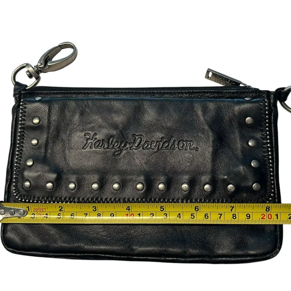Vintage‎ Harley Davidson Studded Leather Hip Bag Black Bikercore Belt Bag Moto - Image 5