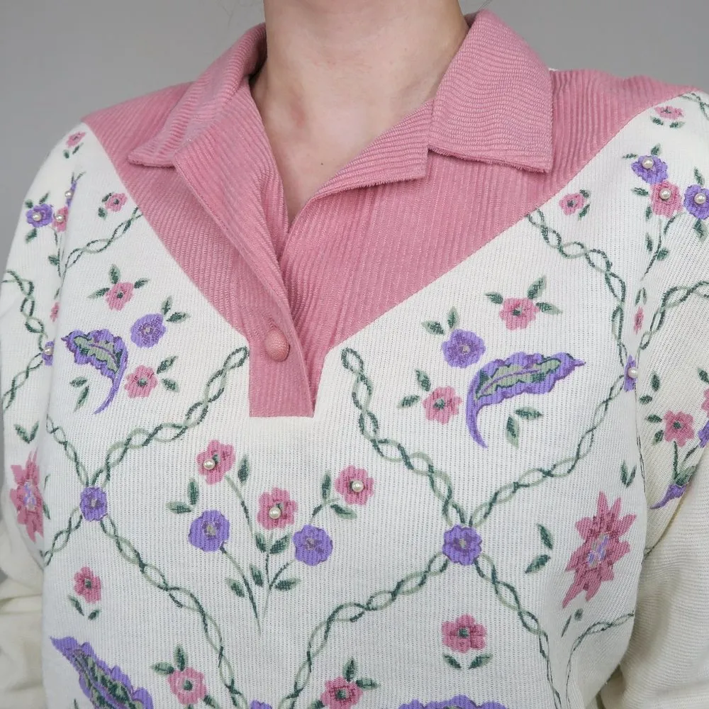 Vintage 80s G.W. Floral Pearl Corduroy Collared Sweatshirt Size M - Image 3