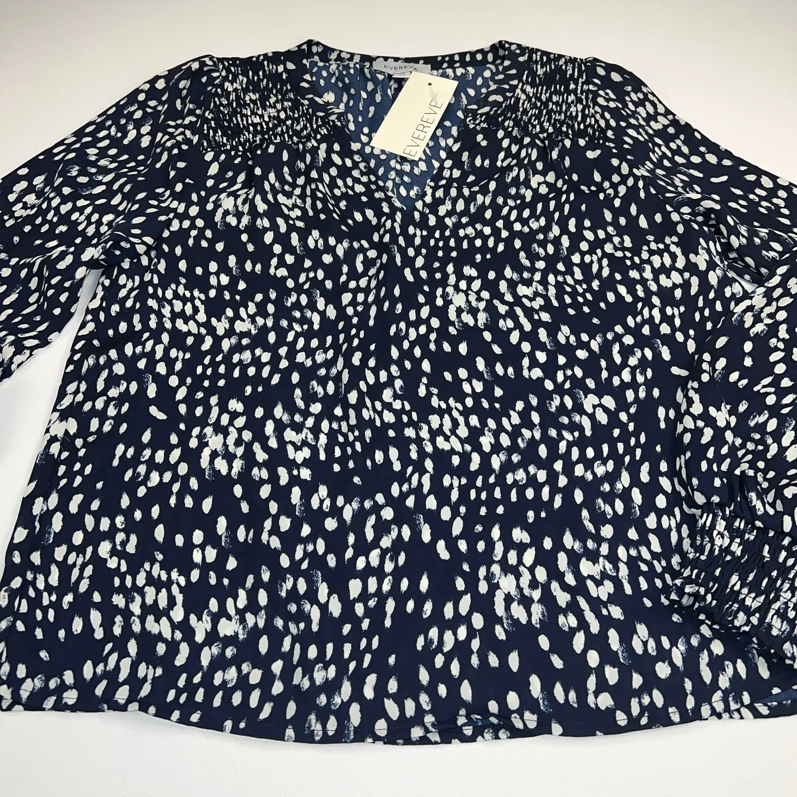 Evereve Yolie Dot Blouse Navy Blue Balloon Sleeve Smocked Yoke & Sleeves Size XS - Image 12