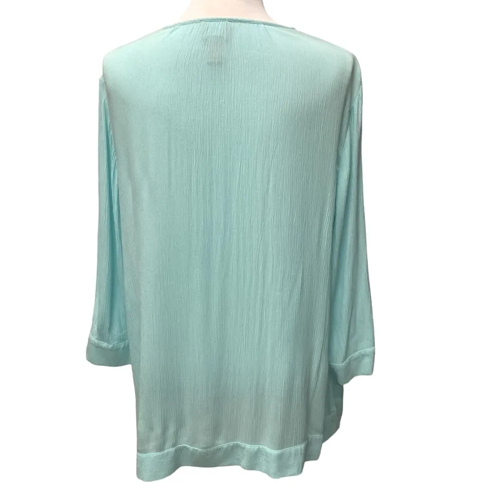 Chico's Women's Embroidered Tunic Blouse Size L Teal Blue Tie‎ Neck Long Sleeve - Image 4