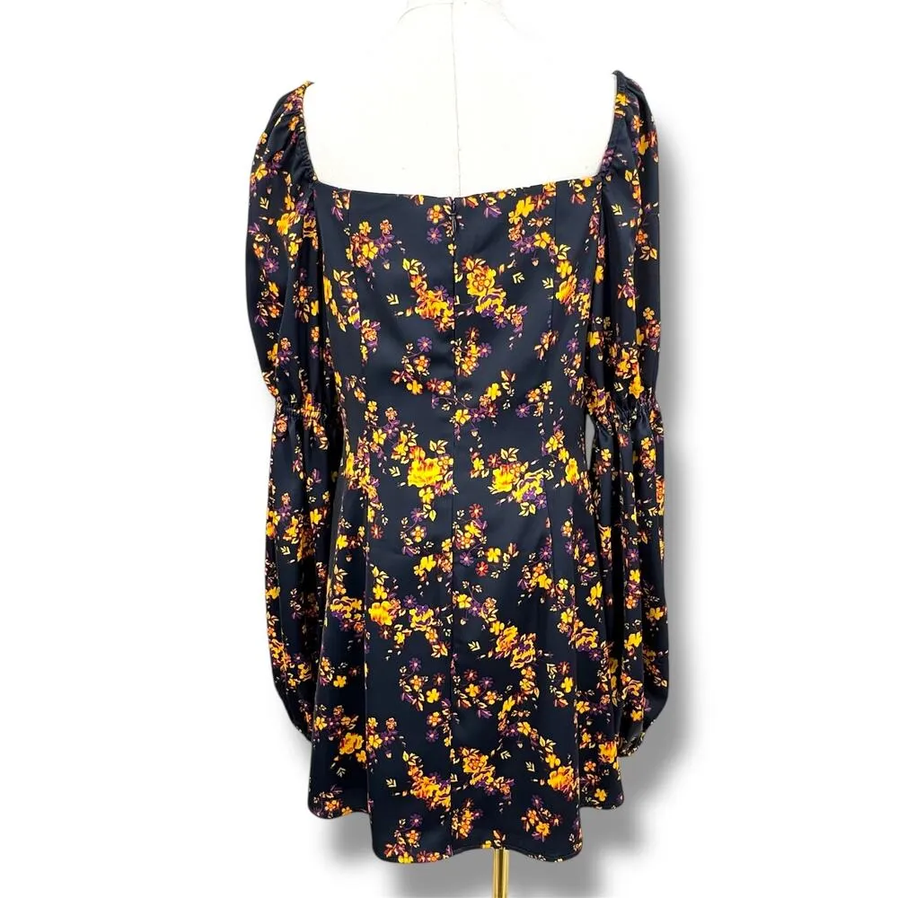 C/MEO Collective mini satin dress large bishop sleeves square neck blue floral - Image 3