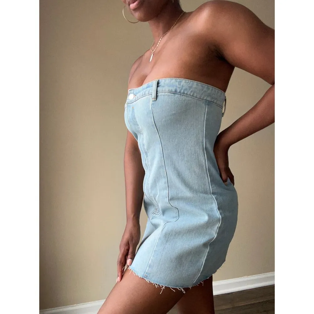 PrettyLittleThing Denim Strapless Mini Dress US Size 8 - Image 4